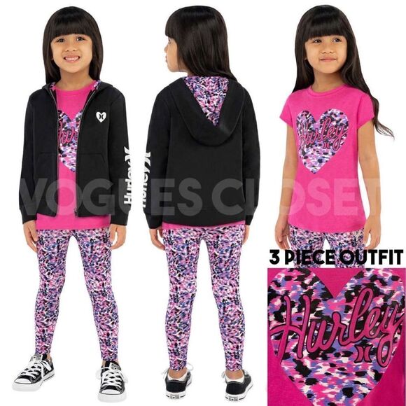 NEW! Hurley Kids 3 piece Set Full Zip Hoodie, Tee and Legging in Pink and Black - Picture 1 of 14